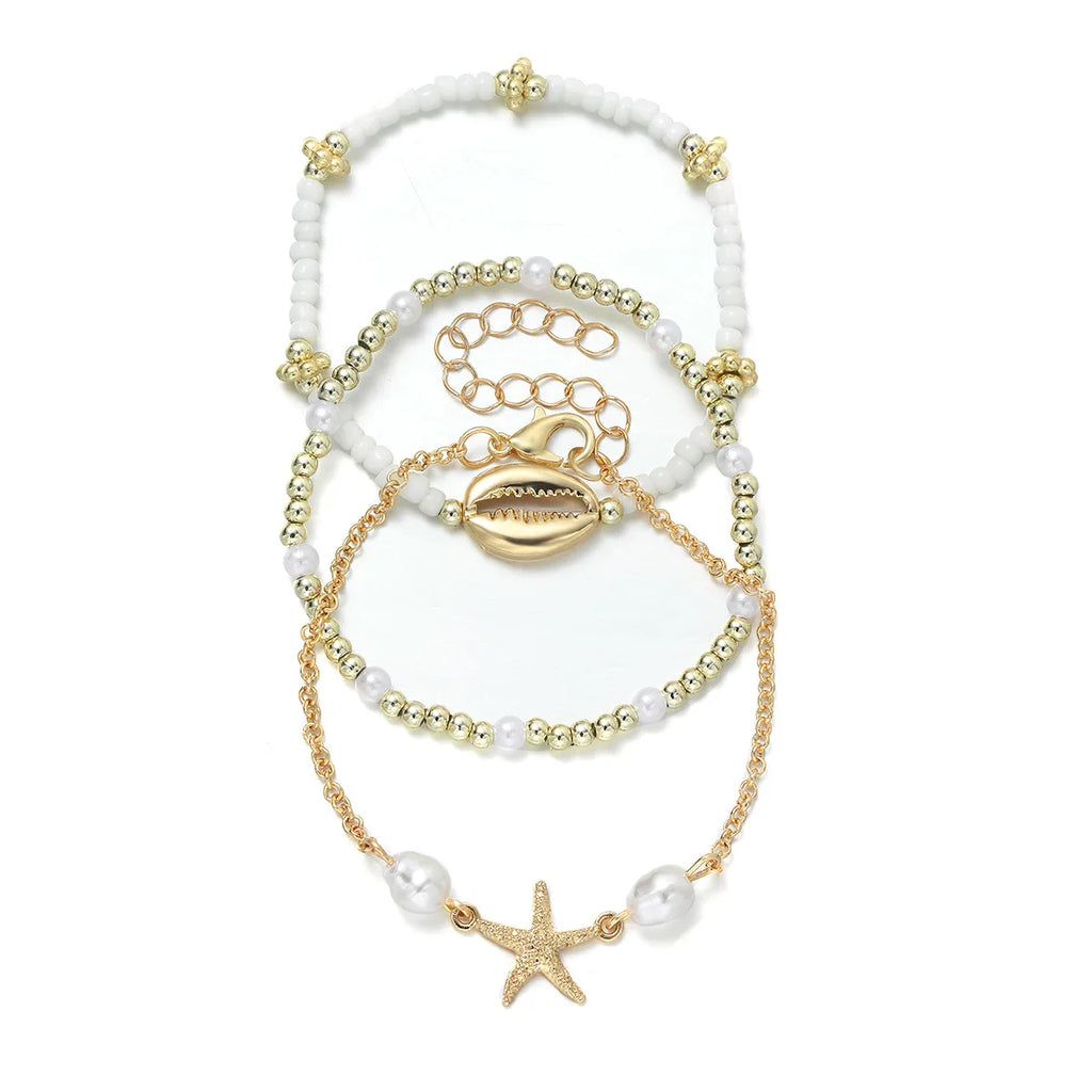 3Pcs Summer Shell Bracelet Set For Women Bohemia Starfish Charm Pearl Seed Beads Chain Bangle Female Beach Vacation Jewelry Gift Vera Lux