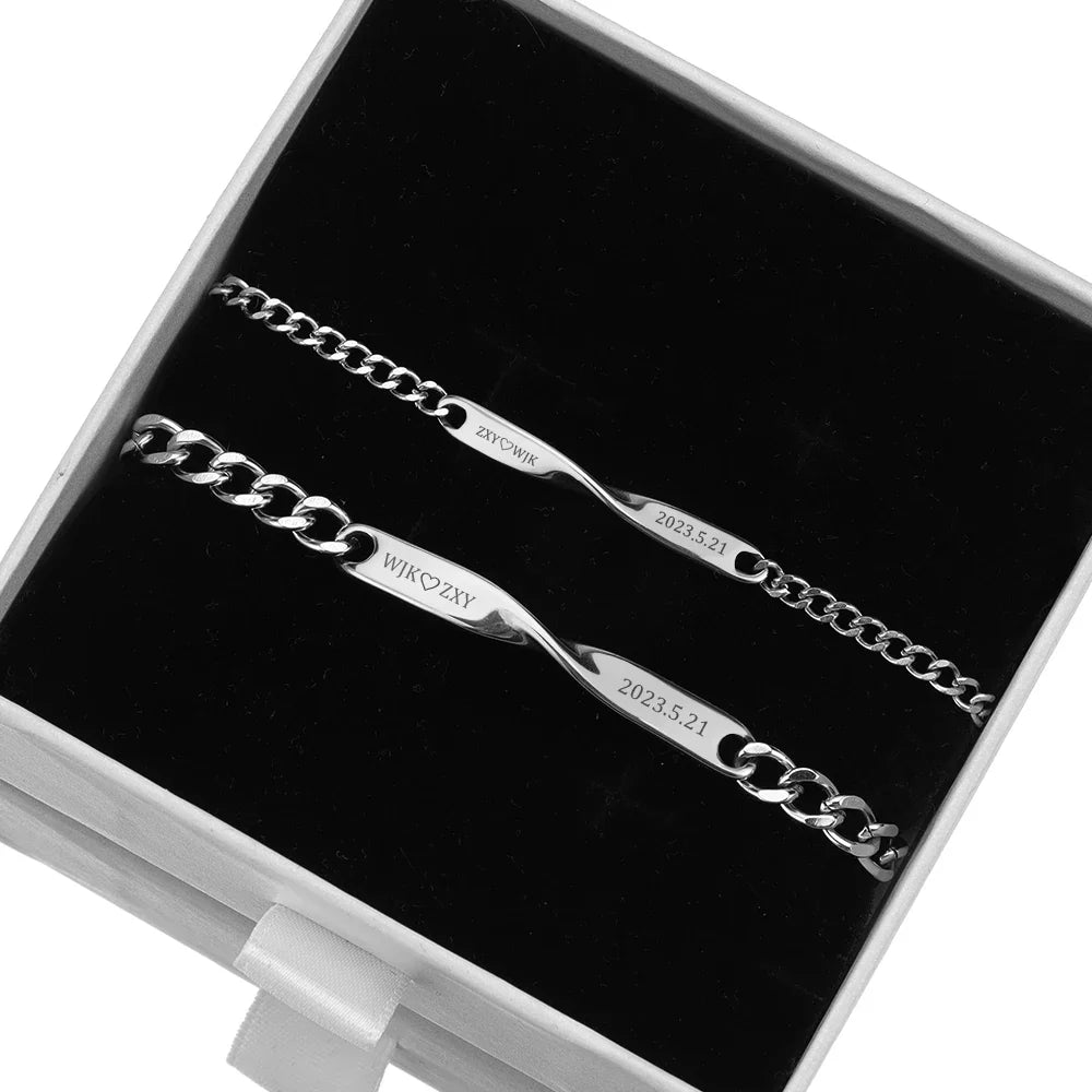 2pcs/set Titanium Steel Manufactured Mobius Couple Bracelet Customized Name Date Carved Bracelet Male and Female Jewelry Gifts Vera Lux