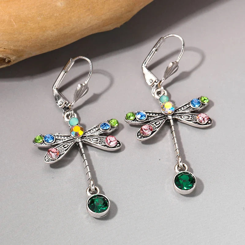 Elegant Personalized Carved Dragonfly Earrings Seven colored gems Hook Drop Earrings Wedding Engagement Earrings for women Vera Lux