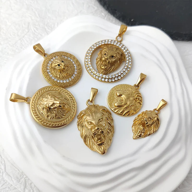 Men's Rock Hip Hop Crystal Inlay Lion Head Pendant Fashion Creative Stainless Steel Gold Color Party Club Charm Jewelry Vera Lux