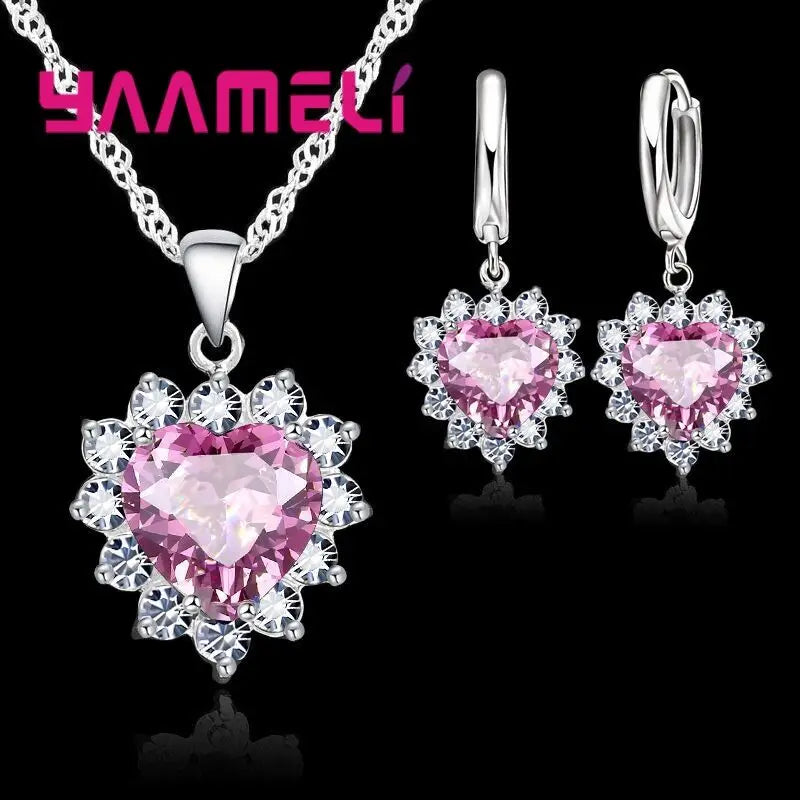 Trendy 925 Sterling Silver Jewelry Set for Women Heart CZ Stone Charm Pendants Necklaces Earrings LOVE Anniversary Gift Vera Lux