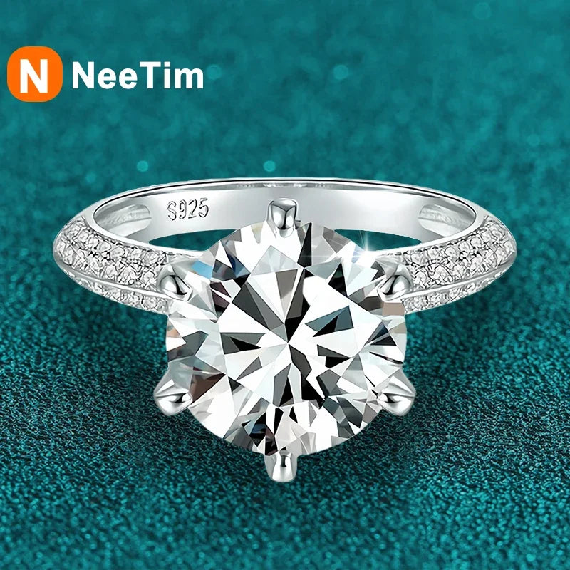 NeeTim 5 Carat Moissanite Wedding Rings For Women 925 Sterling Silver Eternity with White Gold Plated Band Engagement Jewelry Vera Lux