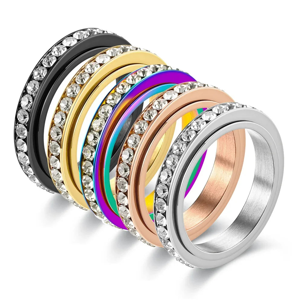 4MM Stainless Steel Spinner Finger Rings For Women Crystal Rotatable Wedding Ring Men Fashion Anniversary Party Jewelry Vera Lux