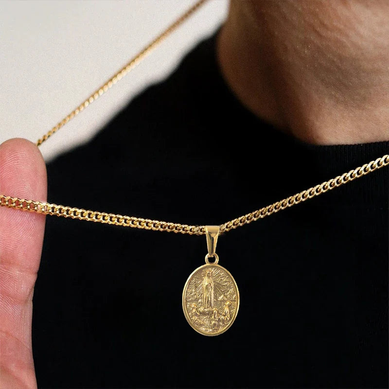 Hip Hop Jesus & Virgin Mary Pendant Necklace - 18K PVD Gold Plated Stainless Steel Jewelry for Men Gift Vera Lux