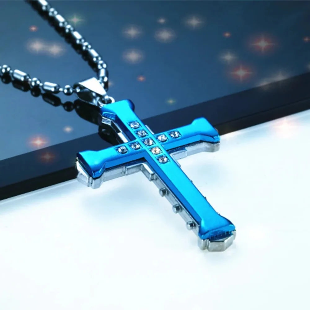 Men's Crystal Cross Pendant Necklace, Gold/Black/Blue Zirconia, Stainless Steel Jesus Cross Jewelry Vera Lux