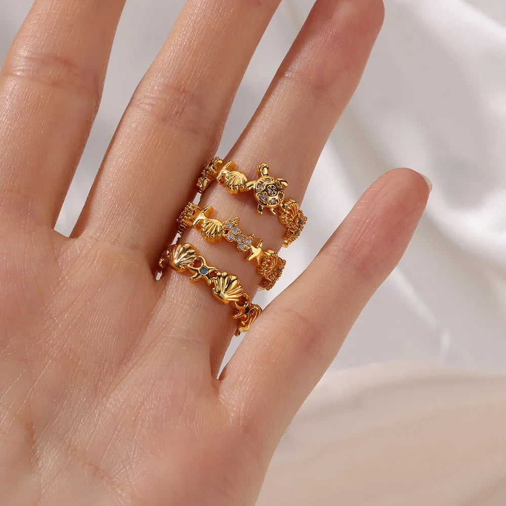 Green Zircon Seahorse Rings For Women Ocean Shell Starfish Turtle Stainless Steel Gold Color Finger Ring Summer Beach Jewelry Vera Lux
