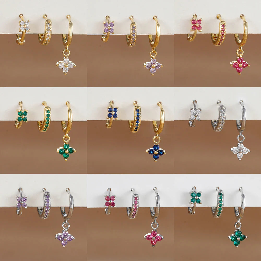 3PCS Trendy Stainless Steel Flower Drop Earring Set For Women Crystal Zirconia Dangle Earring Hypoallerg Piercing Jewelry aretes Vera Lux