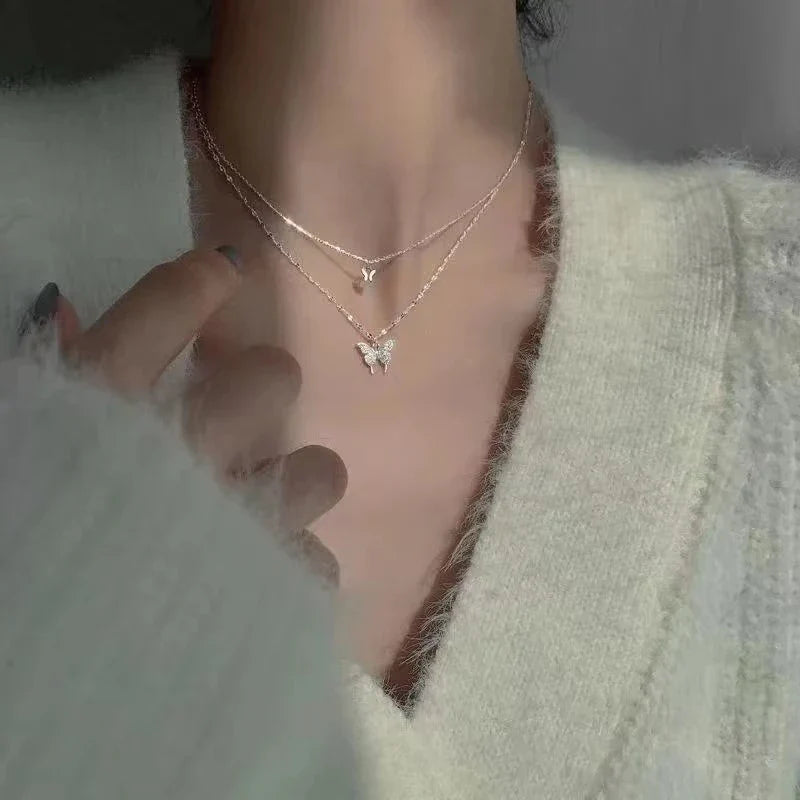 New Shiny Butterfly Necklace Ladies Exquisite Double Layer Clavicle Chain Necklace Jewelry for Ladies Gift Vera Lux