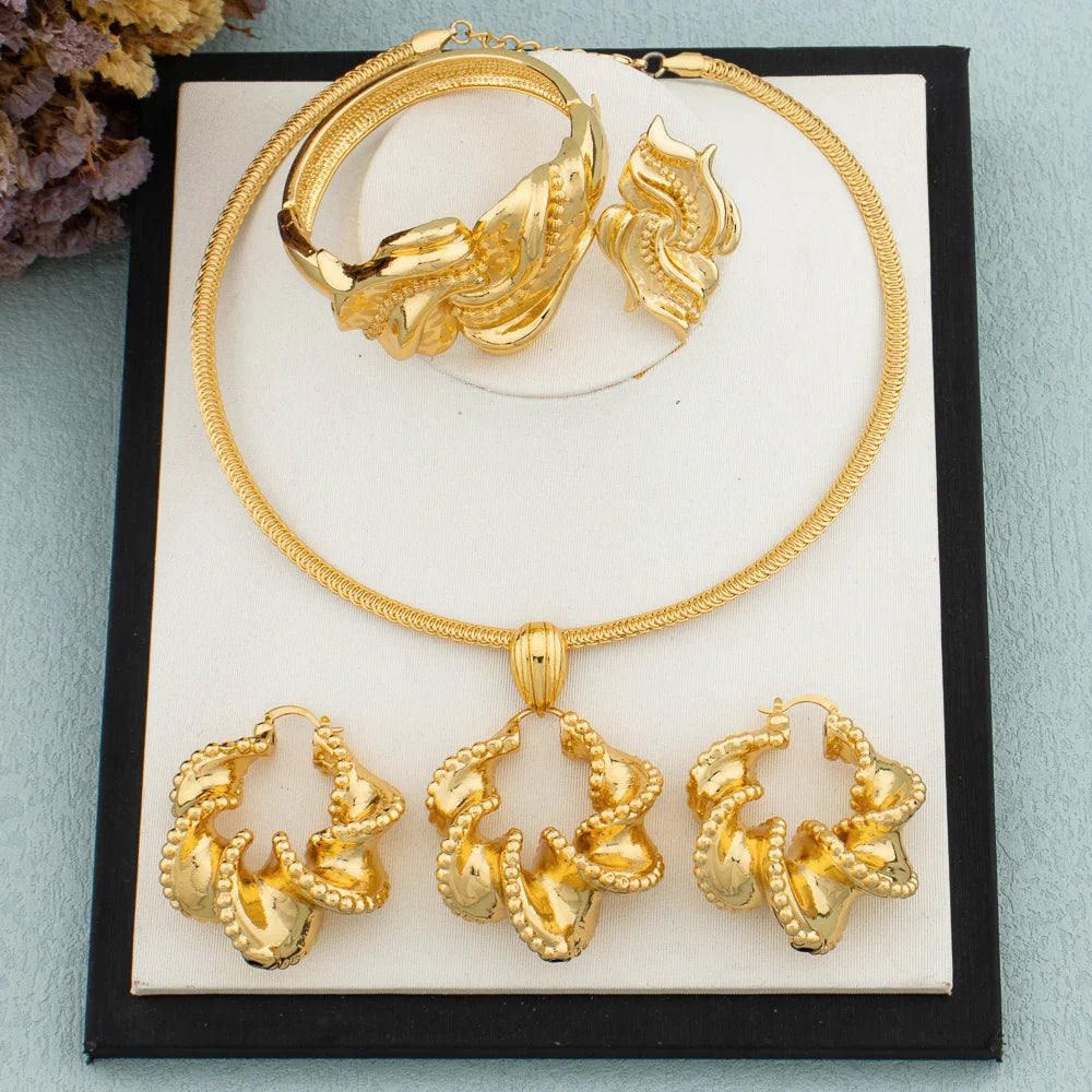 African Jewelry Set 18K Gold Plated Women Big Bold Design Earrings Pendant Wedding Bridal Fashion Necklace Bracelet Ring Gift Vera Lux