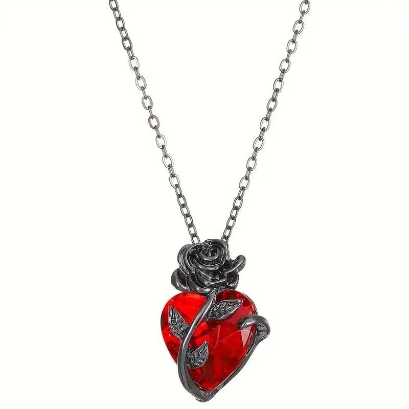 Luxurious Red Crystal Heart Necklace, Vintage Black Rose Floral Pendant, Elegant Fashion Jewelry Gift for Women Vera Lux