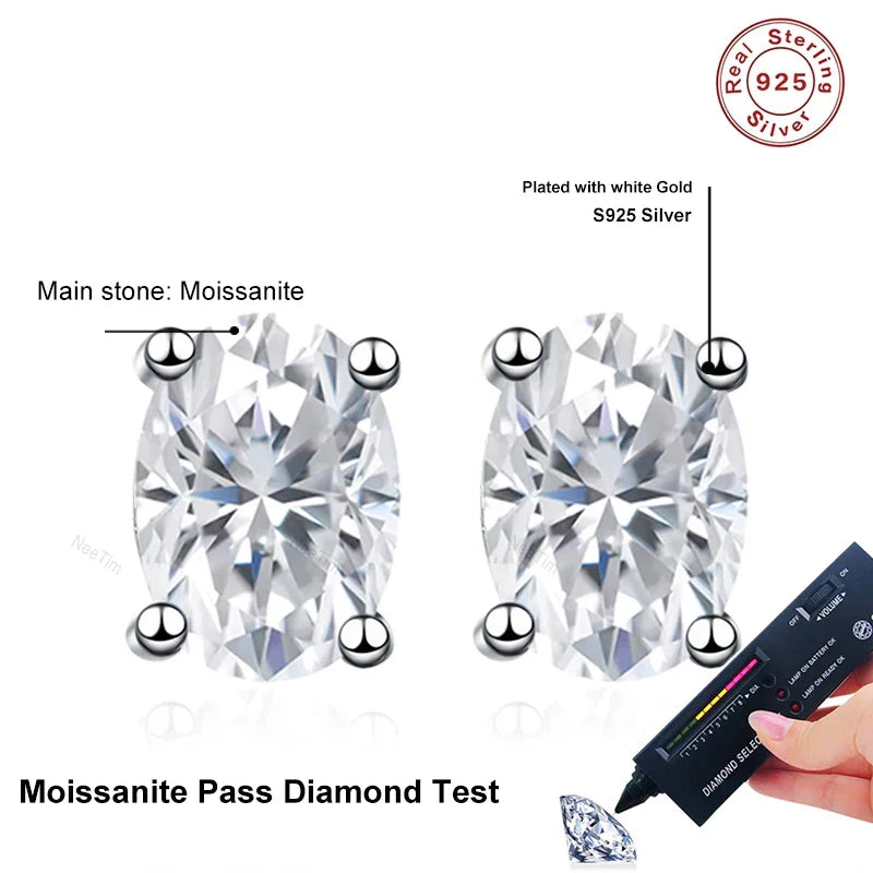 NeeTim 2 Carat Oval D Color Moissanite Stud Earrings For Women 925 Sterling Silver Sparkling Diamond  Earring Wedding Jewelry Vera Lux