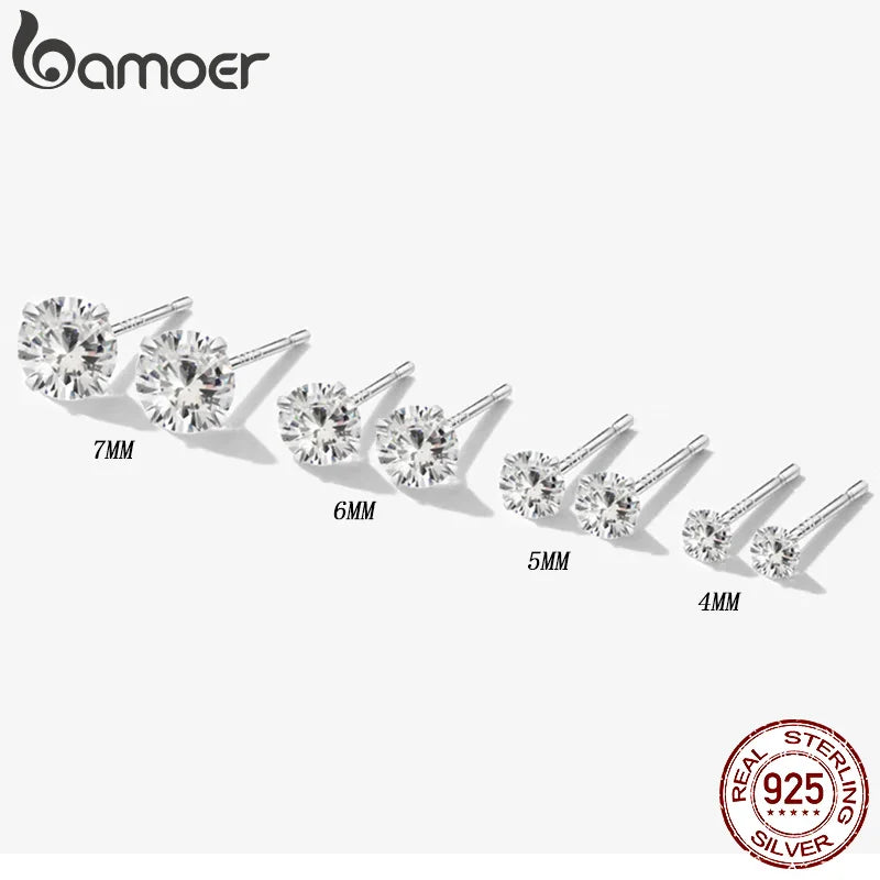 Bamoer CZ Stud Earrings 925 Sterling Silver Platinum Plated Round Cubic Zirconia Hypoallergenic Barbell Earrings 4-7mm Vera Lux