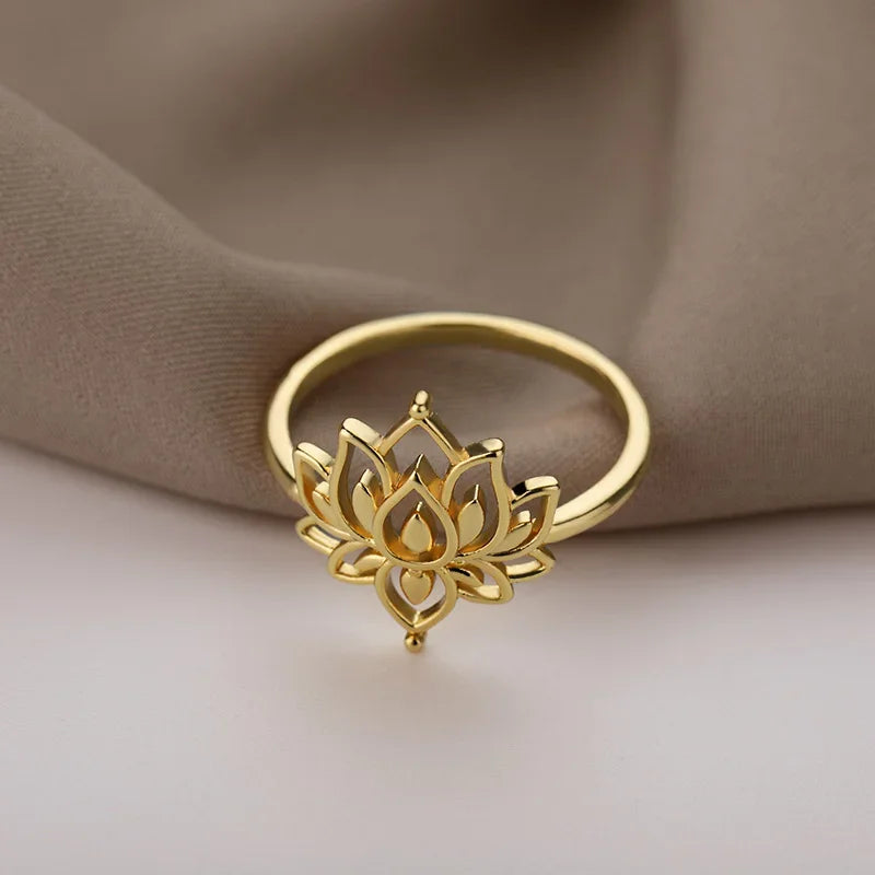 Lotus Flower Rings For Women Stainless Steel Gold Color Hollow Out Ring Fashion Wedding Party Aesthetic Jewelry Gift anillos Vera Lux