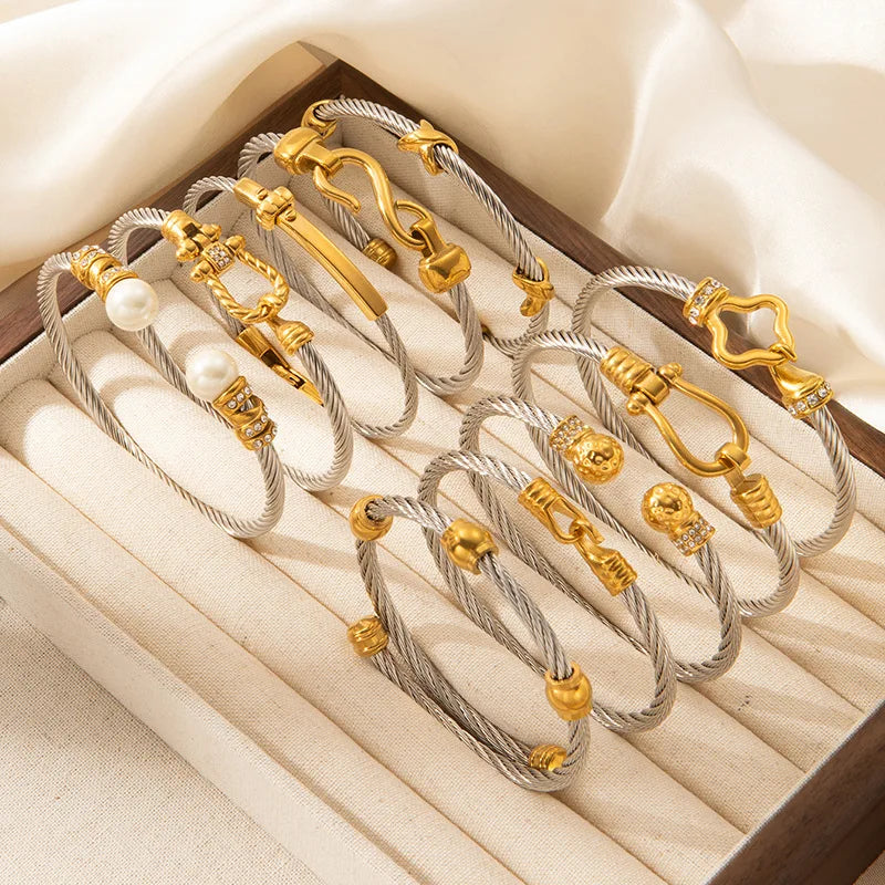 1pcs Stainless Steel Gold-plated Bangle Trendy Retro Hip-hop Style Bracelet Fried Dough Twists Steel Wire Rope Colorfast Bangle Vera Lux