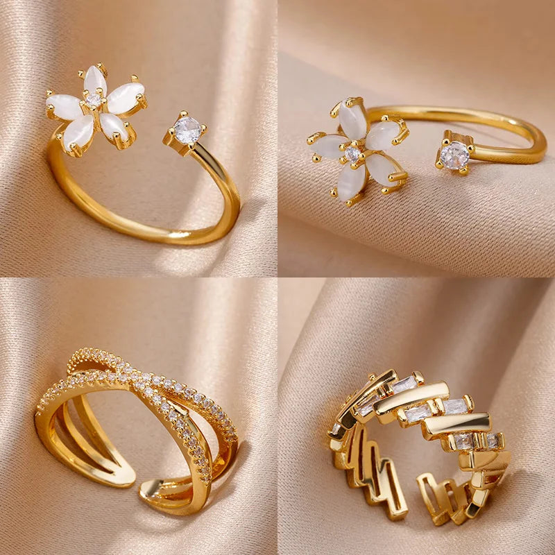 Opal Flower Rings For Women Cubic Zirconia Openning Stainless Steel Flower Ring Wedding Floral Aesthetic Jewelry anillos mujer Vera Lux