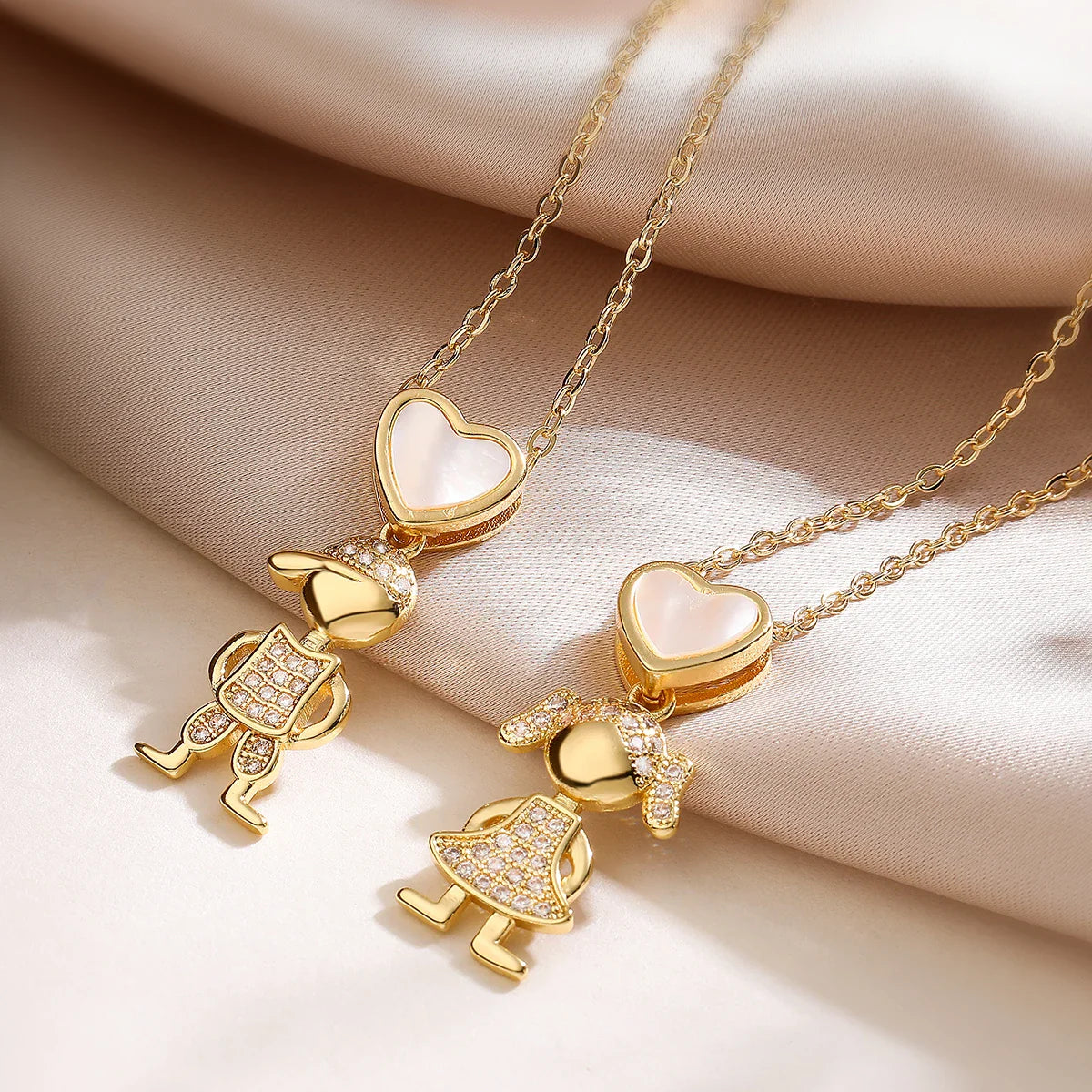 NEWBUY Delicae Gold Color Heart Boy & Girl Pendant Necklaces For Women Shiny CZ Inlay Jewelry Mother's Day Gift Vera Lux
