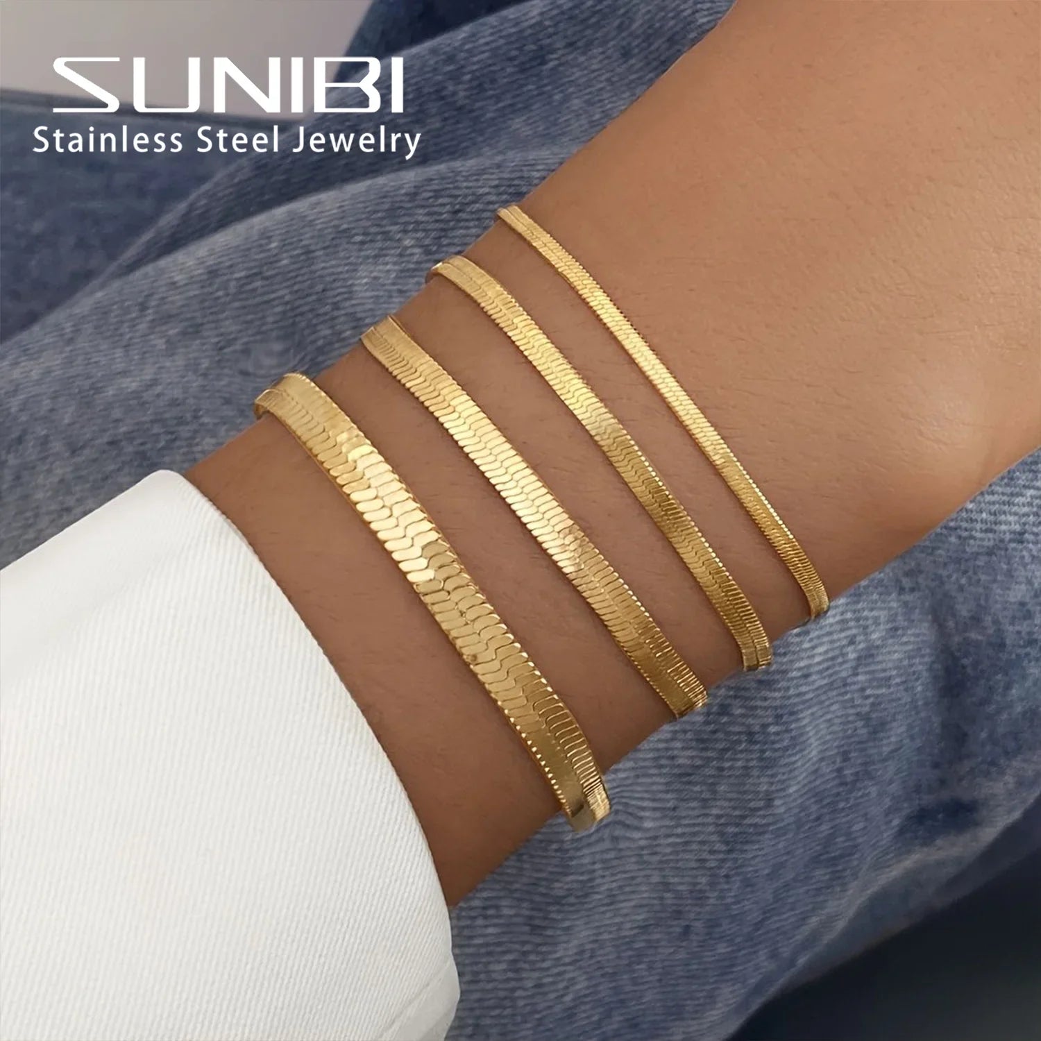 SUNIBI Women Trend Classic Snake Chain Bracelet Gold Color Width 2/3/4/5MM Stainless Steel Chain Bracelet For Women Jewelry Gift Vera Lux