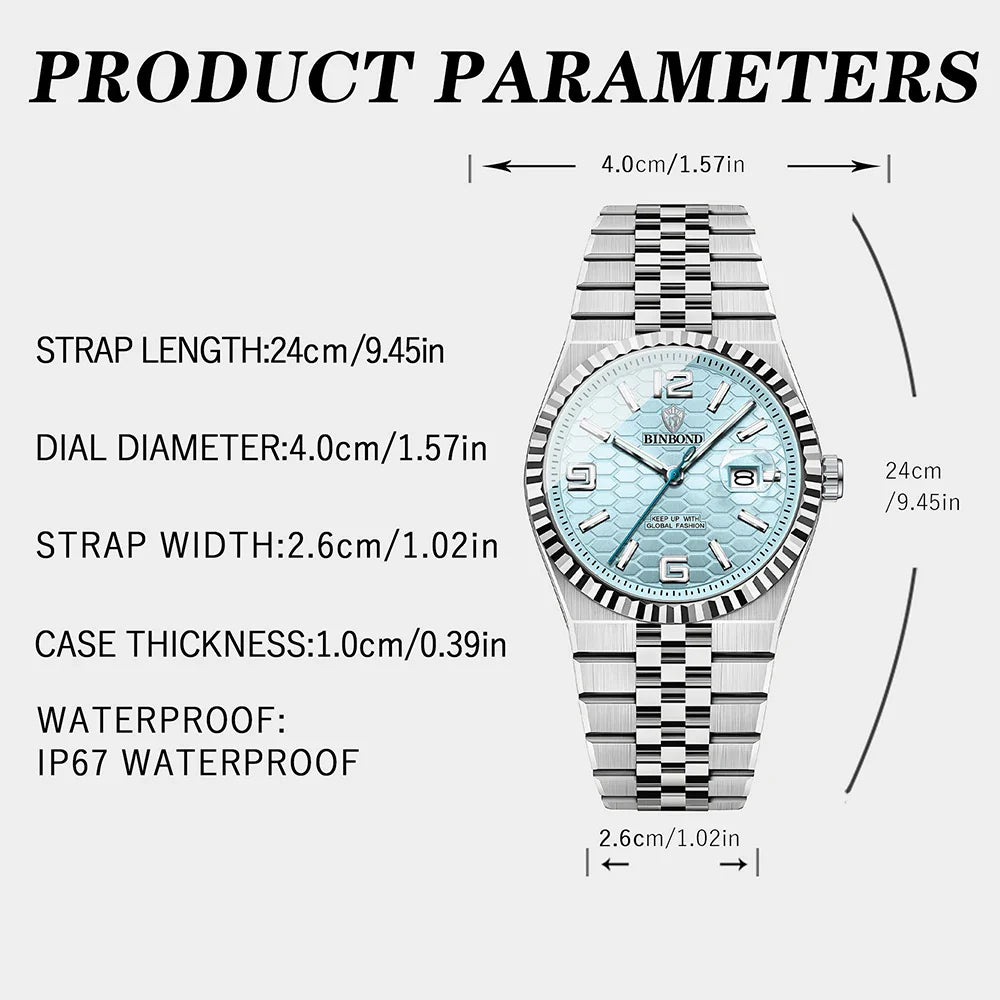BINBOND High Quality Original Men Clock Waterproof Luminous Date Luxury Man Watch Stainless Steel Quartz Men's Watches Male Vera Lux