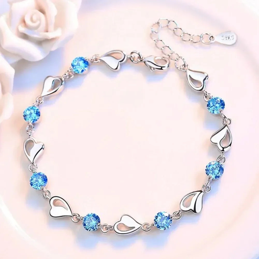 925 Sterling Silver Heart Shaped Bracelet For Women Retro Korean Versatile Blue Crystal Charm Bracelets Original Party Jewelry Vera Lux