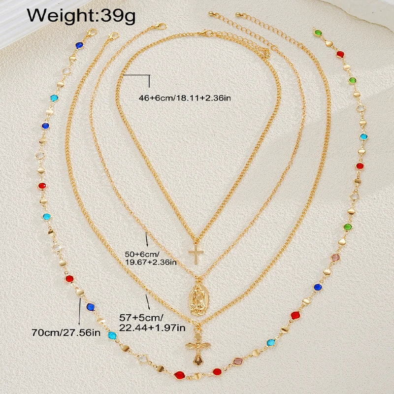 4Pcs/Set Cross Colorful Crystal Necklaces For Women Simple Gold Silver Color Y-Shaped Pendant Necklace Set New Christian Jewelry Vera Lux