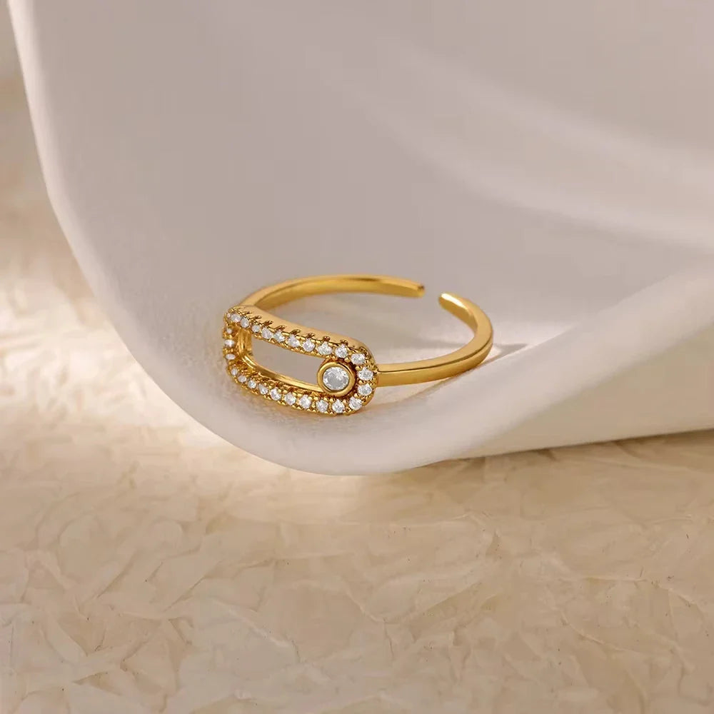 Luxury Zircon Geometric Rings For Women Stainless Steel Gold Color Open Ring Trendy Wedding Party Aesthetic Jewerly Gift Femme Vera Lux