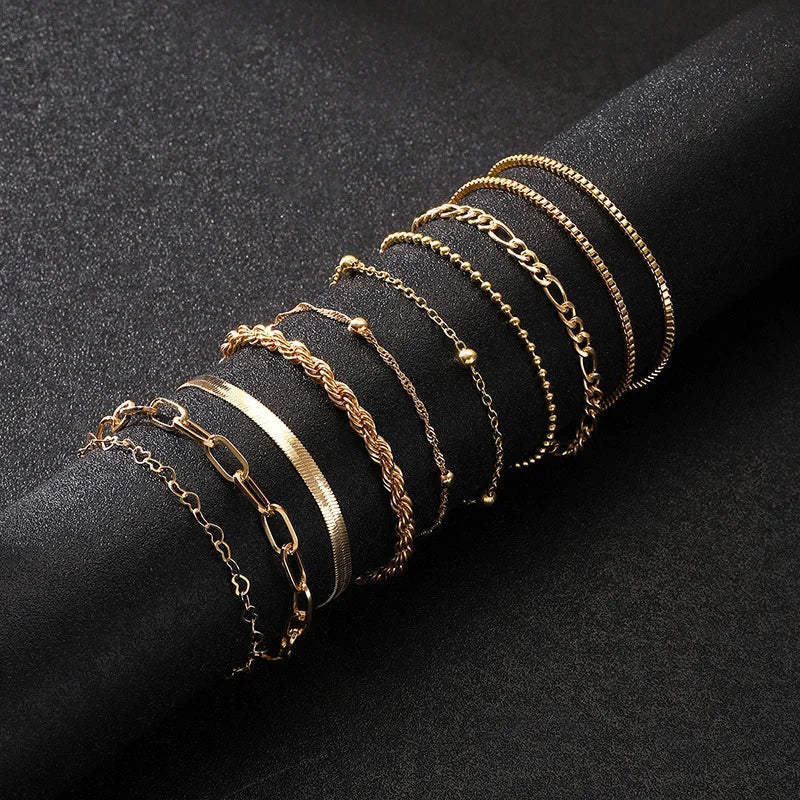 10 Pcs Vintage Statement Gold Color Flat Snake Chain Box Chain Bracelet Boho Multi-layer Metal Bracelet Women's Summer Jewelry Vera Lux