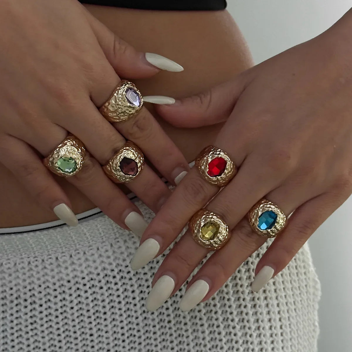 LATS Vintage Punk Inlaid Rhinestone Rings for Women Geometric Exaggerated Personalized Liquid Glossy Light Luxury  Jewelry Vera Lux