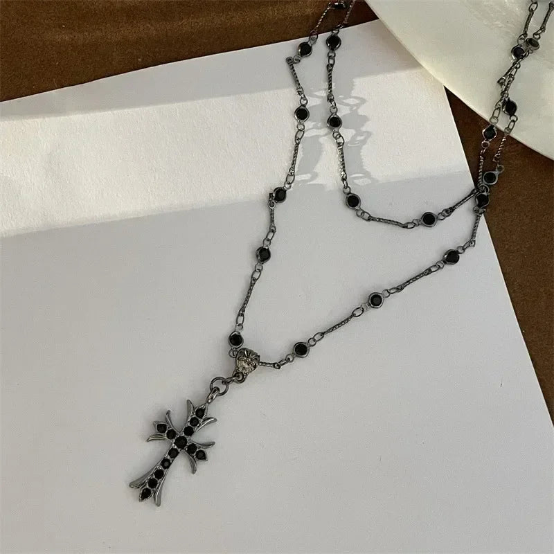 Summer Black Rhinestone Cross Jesus Pendant Choker Necklace for Women Punk Vintage Double Layers Chain 2024 Neck Boho Jewelry Femstylo