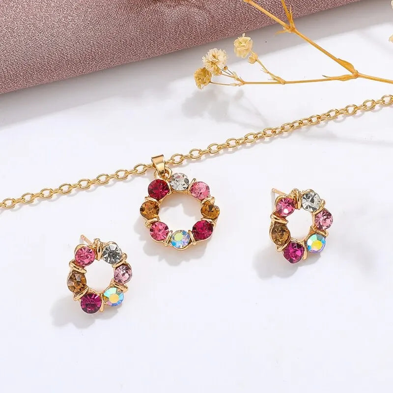 3pcs Gold Necklace Earrings Set Ladies Celebrity Simple Fashion Style Exquisite Stained Glass Diamond Circle Shape Jewelry Vera Lux