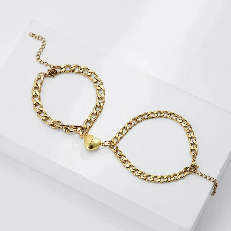 2Pcs/set Magnet Couple Bracelets Heart Attraction Bracelet Stainless Steel Charm Simple Cuban Chains Key Lock Jewelry Gifts Vera Lux