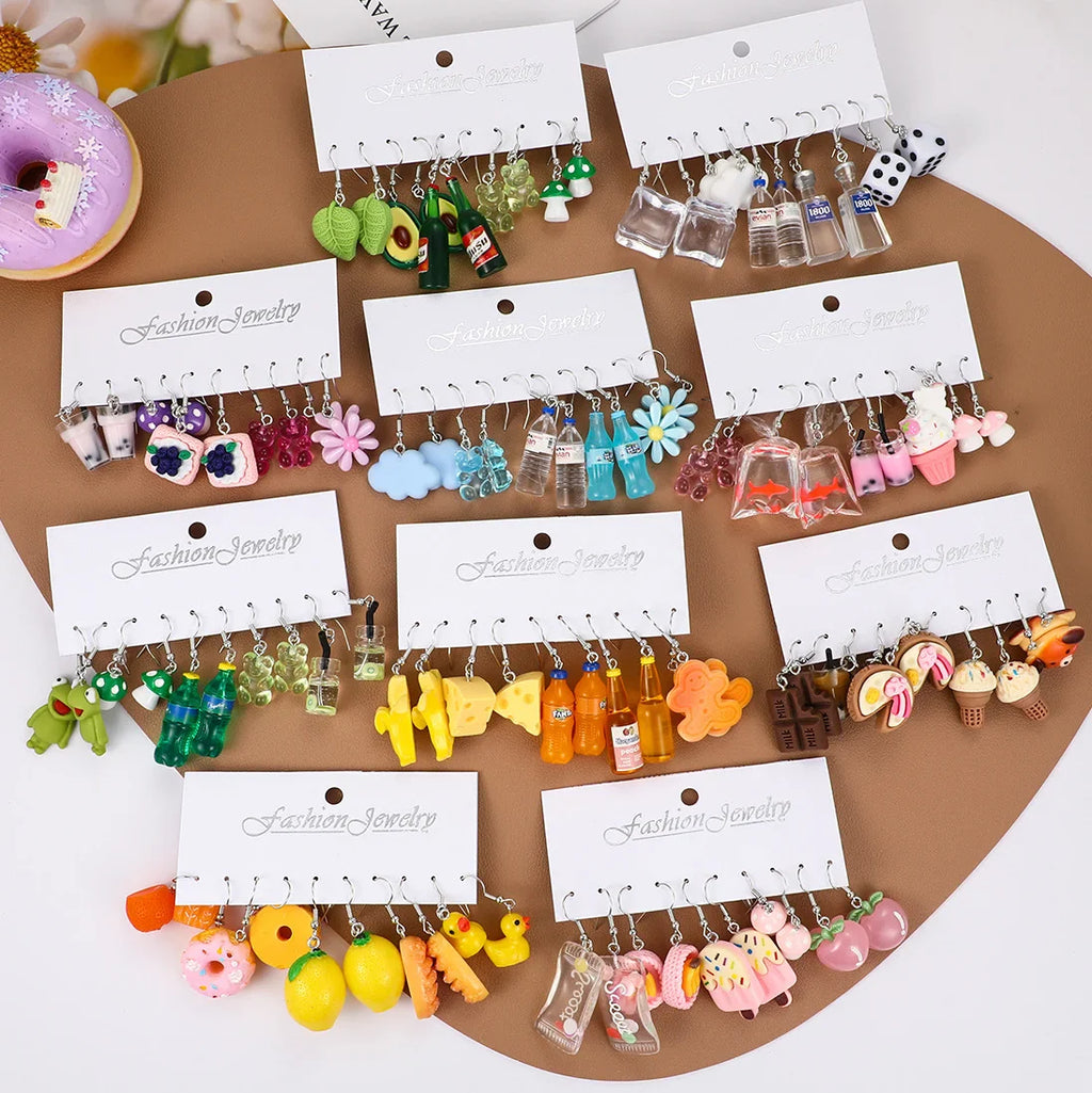 Fashion Sweet Fruit Drink Earrings Set for Women Cute Cartoon Food Ice Cream Donut Funny Resin Earrings Party Jewelry Gift New Vera Lux