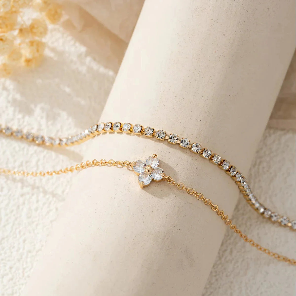2pcs Simple Cubic Zirconia Flower Water Chain Women's Bracelet Set Daily Minimalist Silver Color Bracelet Party Fashion Jewelry Vera Lux