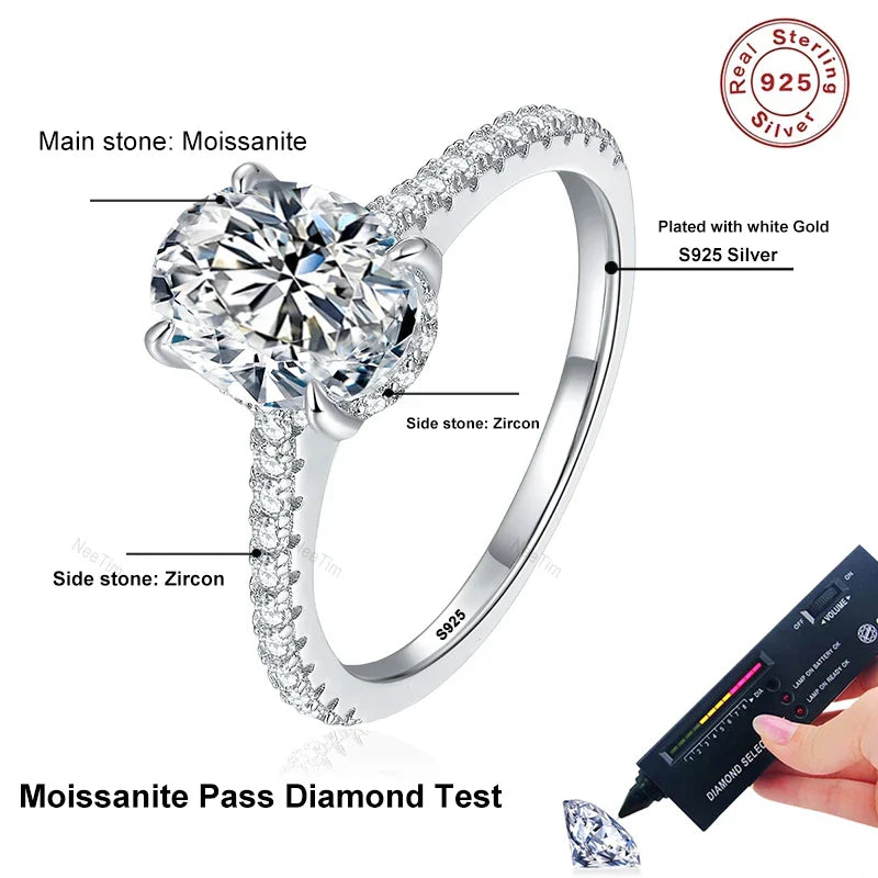 NeeTim 1ct 2ct 3ct Oval Cut Moissanite Rings for Women 925 Sterling Silver Lab Diamond Wedding Engagement Ring Gemstone Band Vera Lux