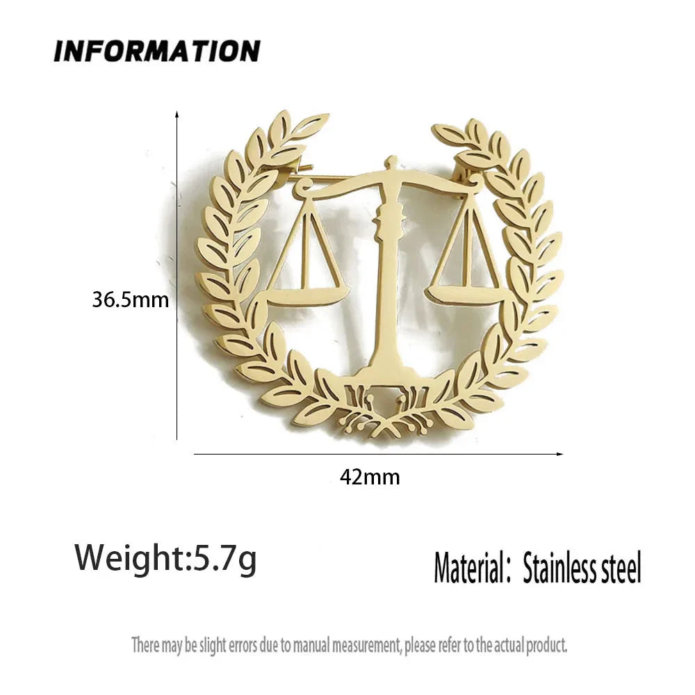 Original fair and justice balance hollow stainless steel gold-plated 18K brooch, suit lapel pin, waterproof formal fittings Vera Lux