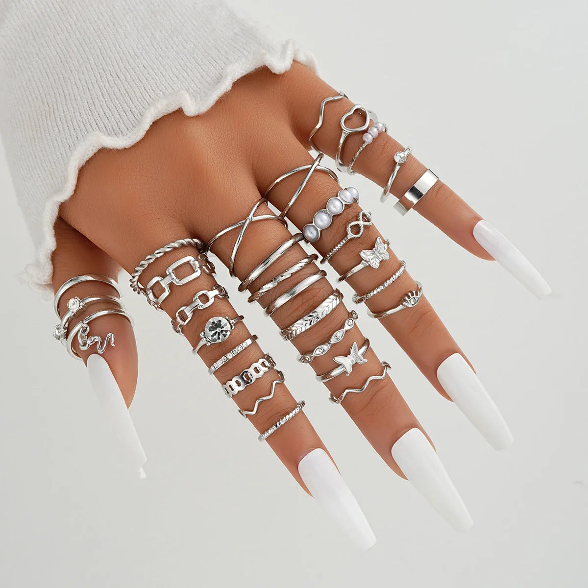 30 PCS Silver Color Geometric Ring Set For Women Vintage Heart Eye Cross Sun And Moon Leaf Charm Finger Ring Female Boho Jewelry Vera Lux