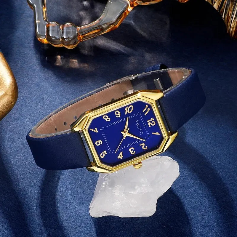 Luxury Fashion Square Women's Watches Brand Ladies Quartz Wristwatch Classic Simple Femme Blue Leather Band Relogio Feminino Vera Lux