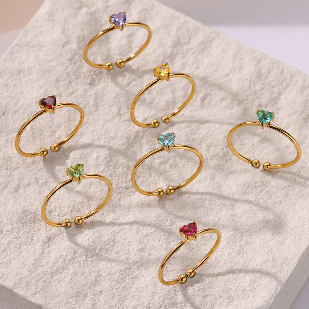 Fashion Zircon Heart Birthstone Rings For Women Stainless Steel Gold Color Birthstone Ring  Aesthetic Wedding Jewelry Gift Vera Lux