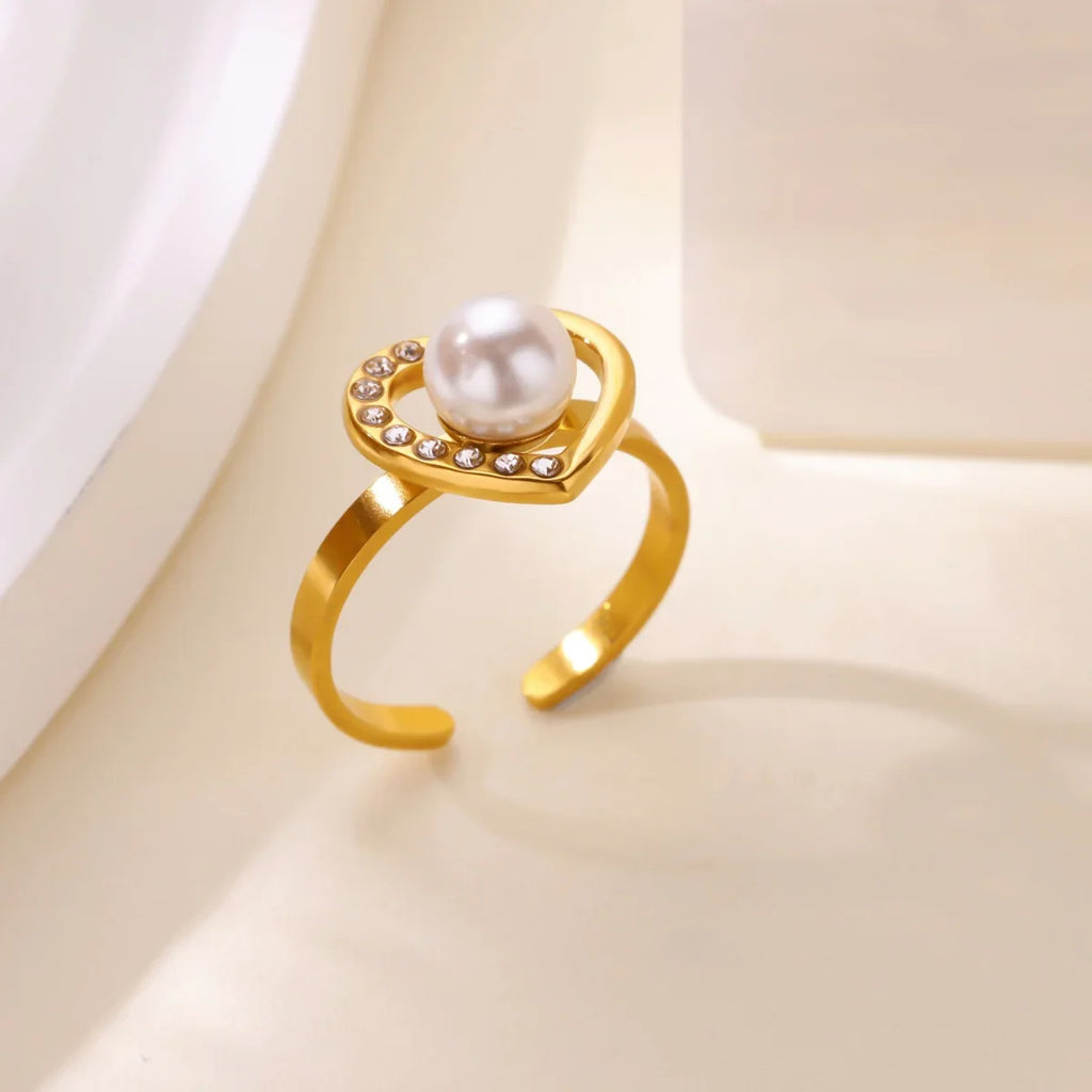 Fashion Pink Heart Zircon Rings for Women Gold Color Stainless Steel Imitation Pearl Ring Elegant Aesthetic Wedding Jewelry Gift Vera Lux