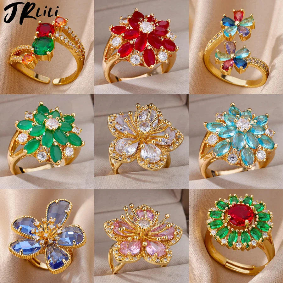 Delicate Zircon Flower Rings for Women Stainless Steel Ring 2024 New Trend Elegant Luxury Aesthetic Jewelry anillos Vera Lux
