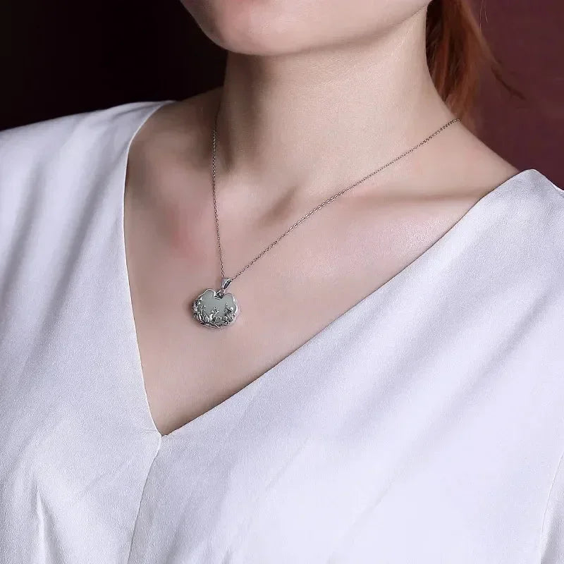 925 silver Natural Hotan Jade fish-shaped Lotus flower necklace Retro Chinese style Ruyi Pendant clavicle chain jewelry Femstylo