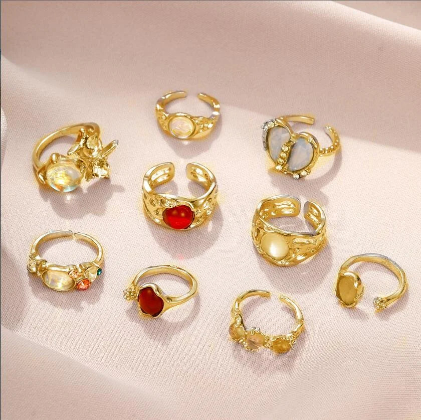 9 Pcs Y2K Crystal Rings Kpop Heart Adjustable Ring Irregular Geometry Punk Vintage Rings Set for Women Girls New Fashion Jewelry Vera Lux