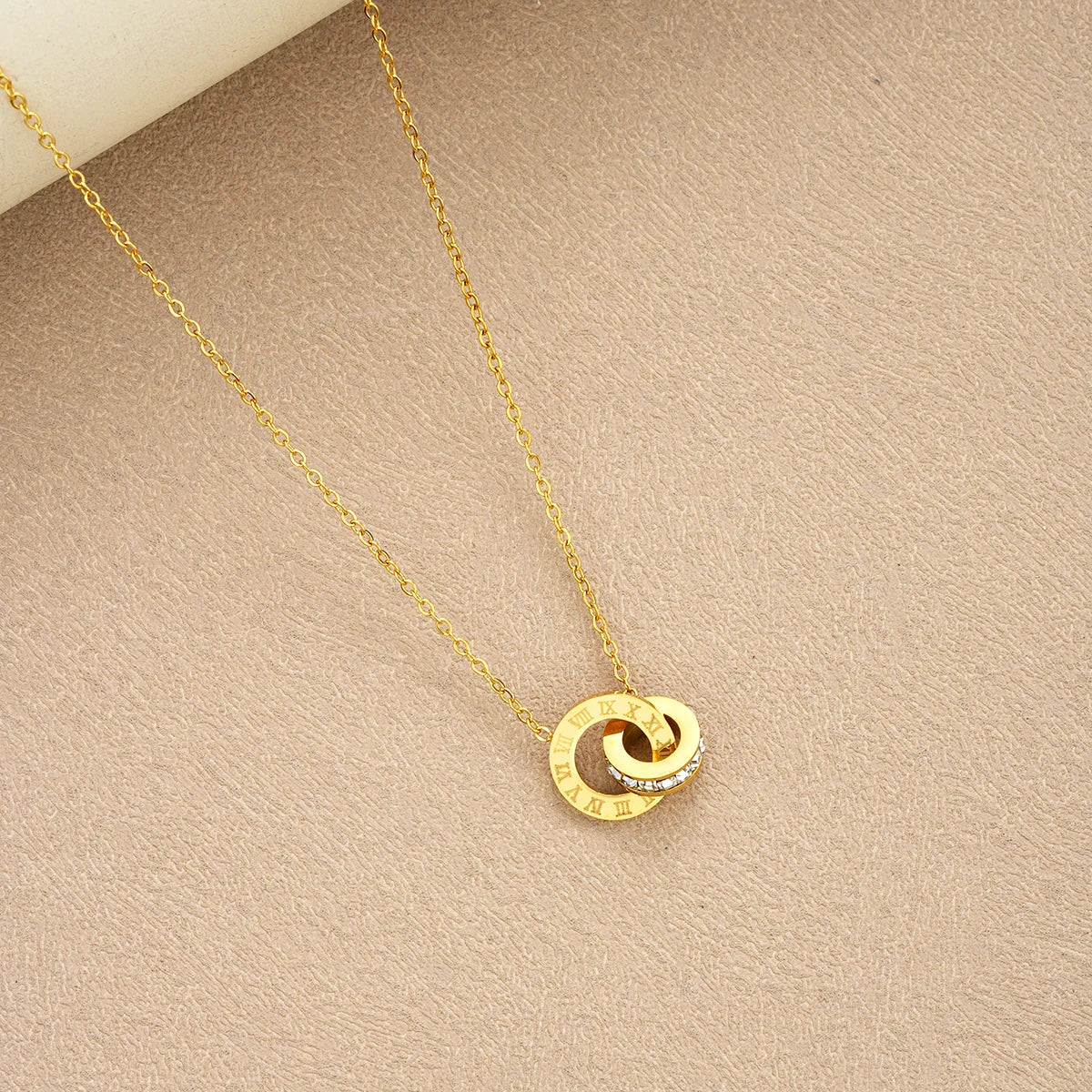 4Pcs/Set Gold Color Stainless Steel Crystal Necklace Bracelet Earrings for Women Interlocking Circles Roman Numbers Jewelry Sets Vera Lux