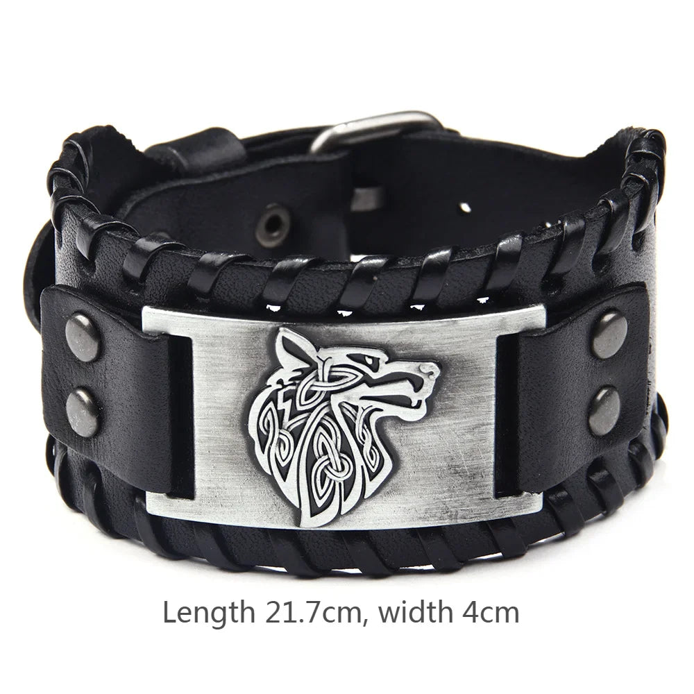 Men's Stylish Viking Themed Leather Wristband Bold Wolf Motif Metal Embellishment Bracelet Punk Rock Parties Jewelry Unique Gift Vera Lux