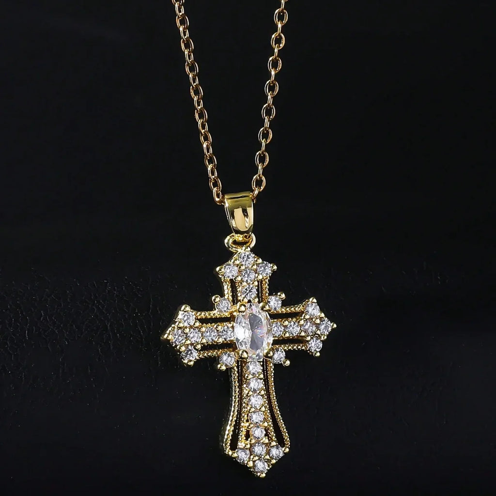 1Pcs Cross Necklace Pendant Religious Blessing Stainless Steel Sturdy Gold Necklace Water Diamond Inlay Trendy Fashion Vera Lux