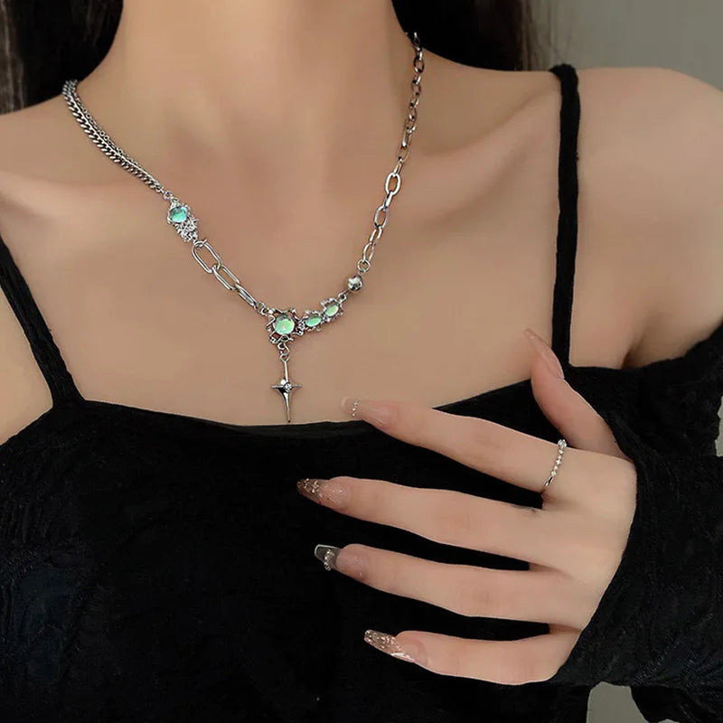 JWER Trendy Bling Moonstone Star Cross Pendant Necklace for Women Punk Hip Hop Star Chain CrystalNecklace Party Y2K Jewelry Gift Vera Lux