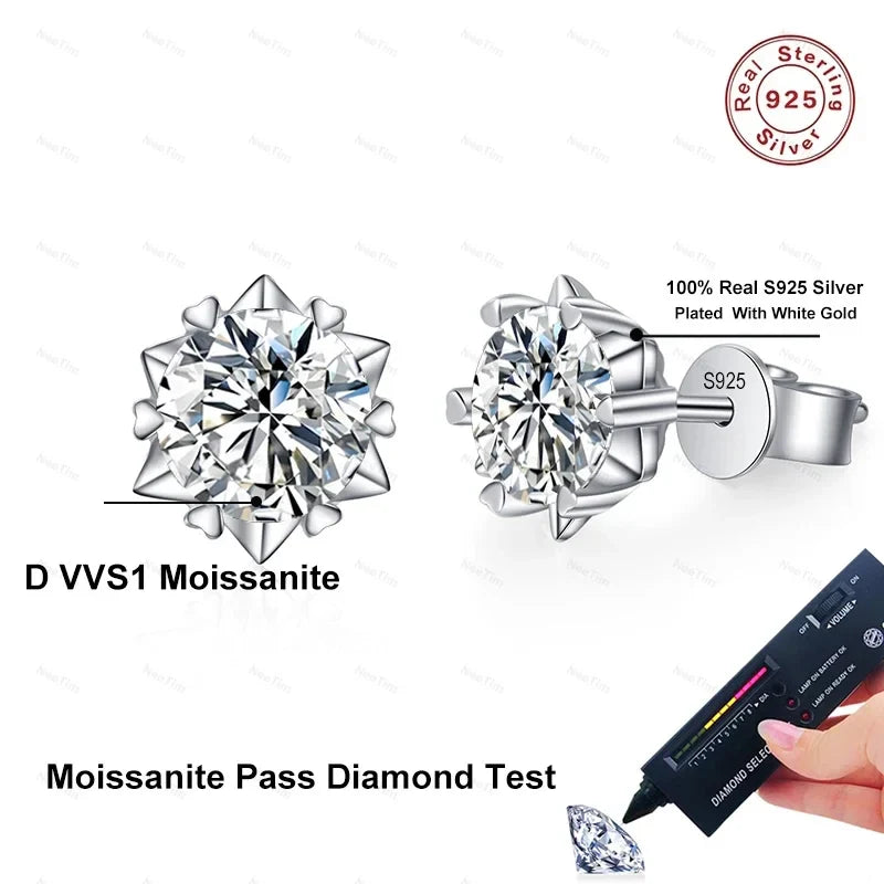 NeeTim 0.3ct-2ct Moissanite Earrings Lab Diamond 925 Sterling Silver with Gold Plated Snowflake Studs Earring Wedding Jewelry Vera Lux