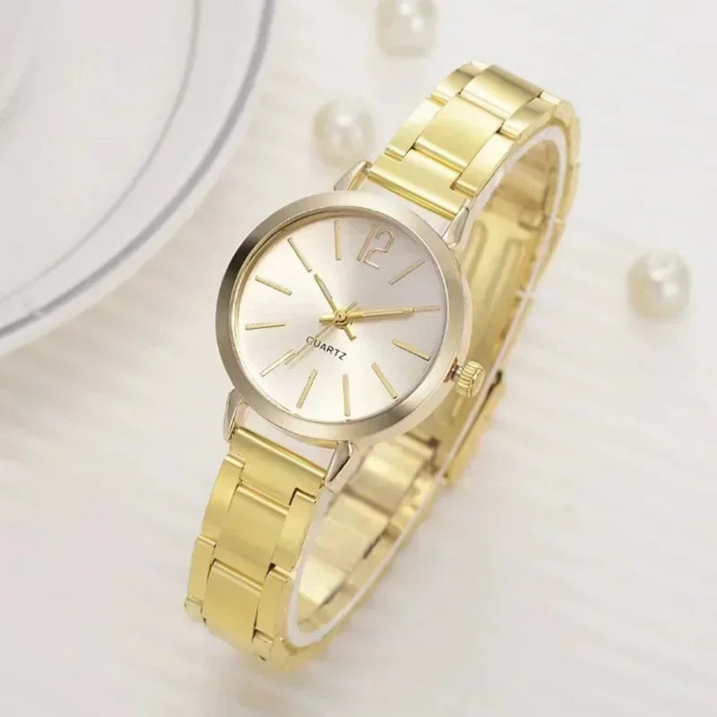 Relógio de pulso de quartzo redondo simples para mulheres, moda inoxidável, pulseira de ouro, relógios femininos, luxo, Vera Lux