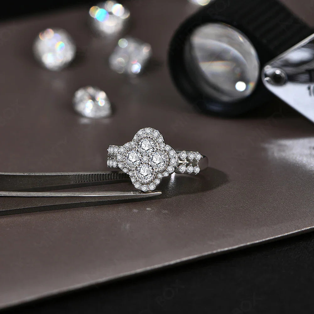 MINTYBOX Moissanite 18k White Gold Plated Diamond Ring For Women S925 Sterling Silver Engagement Wedding Fine Jewelry Four-Leaf Vera Lux