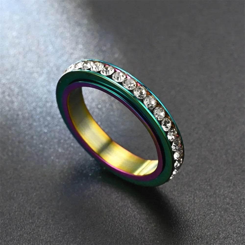 4MM Stainless Steel Spinner Finger Rings For Women Crystal Rotatable Wedding Ring Men Fashion Anniversary Party Jewelry Vera Lux