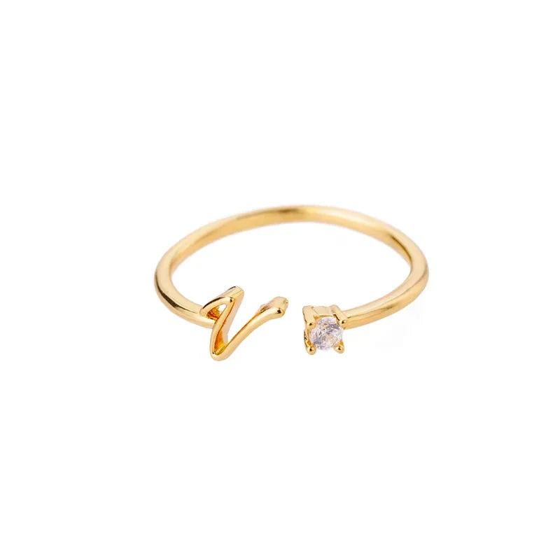 A-Z Initial Letter Open Rings for Women Stainless Steel Gold Color Zircon Adjustable Ring Trendy Couple Wedding Jewelry Gift Vera Lux